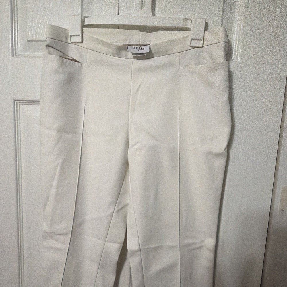 Akris Punto Franca Slim Ankle Pants Women's 8 Ivory Techno Cotton Blend Side Zip - Picture 4 of 6